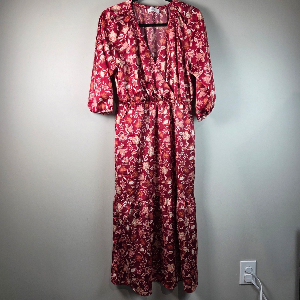Lucky Brand Maxi Dress Womens M Burgundy Floral Boho Wrap V-Neck Tiered